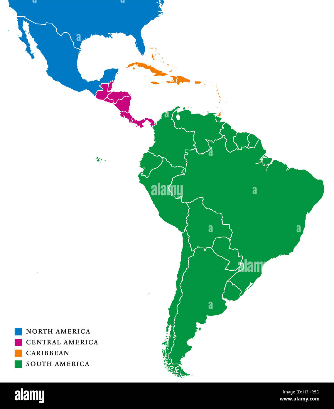 Latin America subregions map. The subregions Caribbean, North, Central and South America in different colors and with borders. Stock Photo