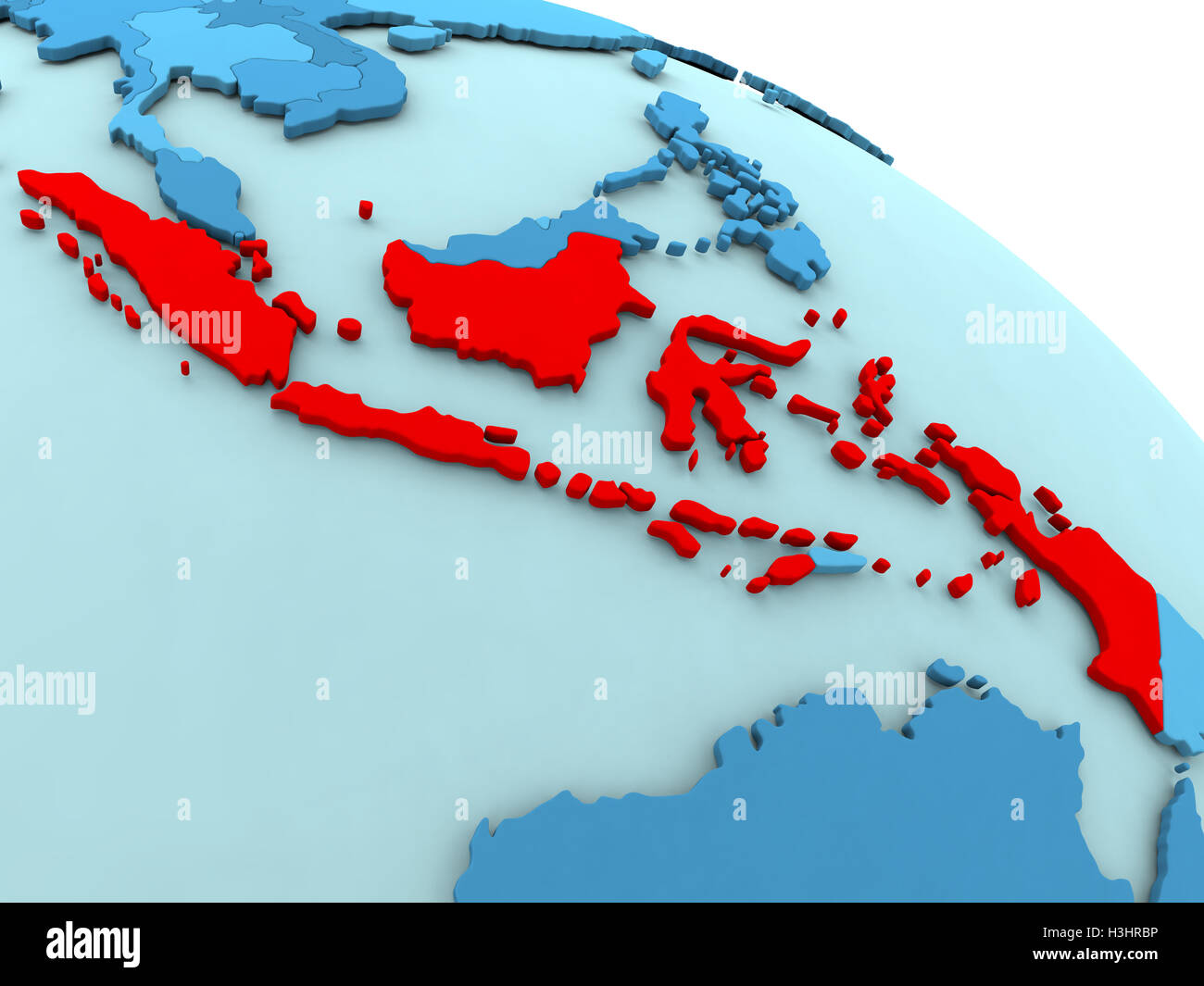 3D illustration of Indonesia highlighted in red color on blue globe Stock Photo