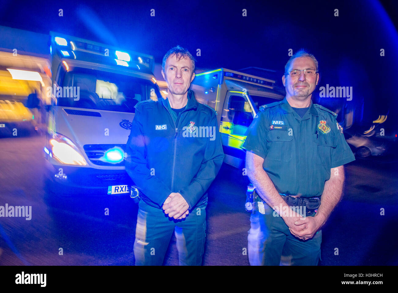 Brighton Paramedics on duty on the Friday before Christmas.   Ambulance Technician Martin Dowle and Critical Care Paramedic Gerr Stock Photo