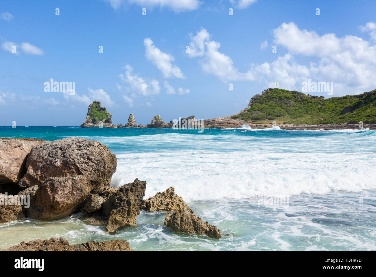 Anse des Châteaux with the rocks of Pointe des Colibris, easternmost point of Grande-Terre, Guadeloupe Stock Photo