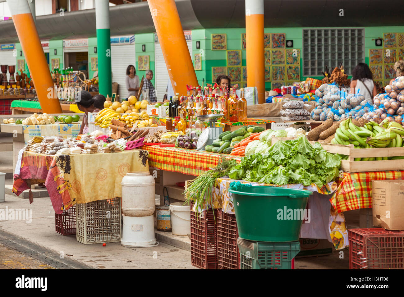 Grocery market stand at the covered market of Guadeloupe's capital Basse-Terre Stock Photo