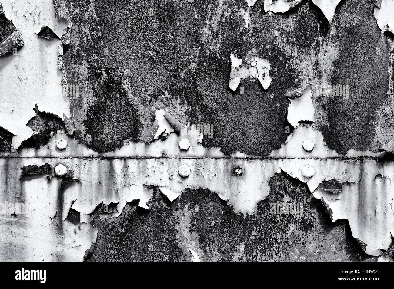 Peeling paint, rust and bolts texture. Old metal garage door. Black and White Stock Photo