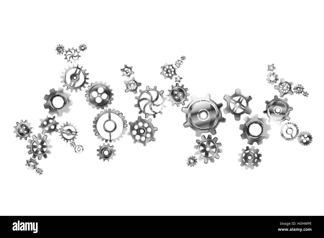 Glossy metal cogwheels arranged in complicated mechanism isolated on white Stock Vector