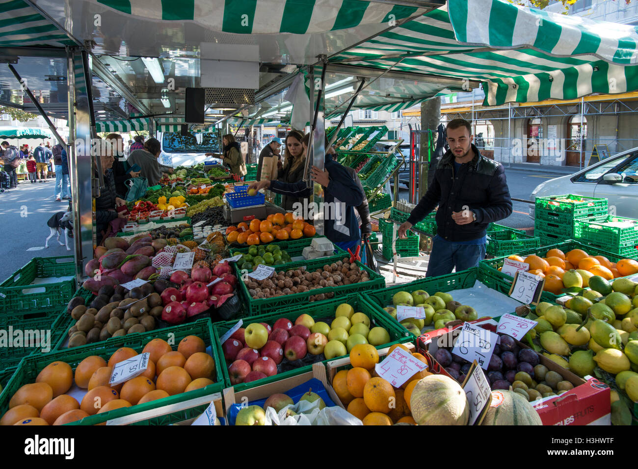 Market stall, Place du Marche in Carouge, Geneva, Switzerland Stock