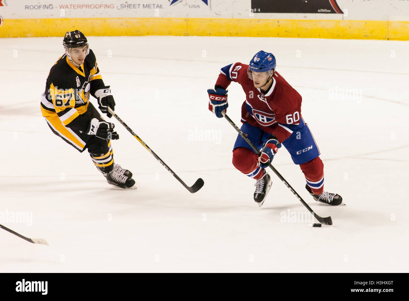 Game action between the Montreal Canadiens and the Pittsburgh Penguins
