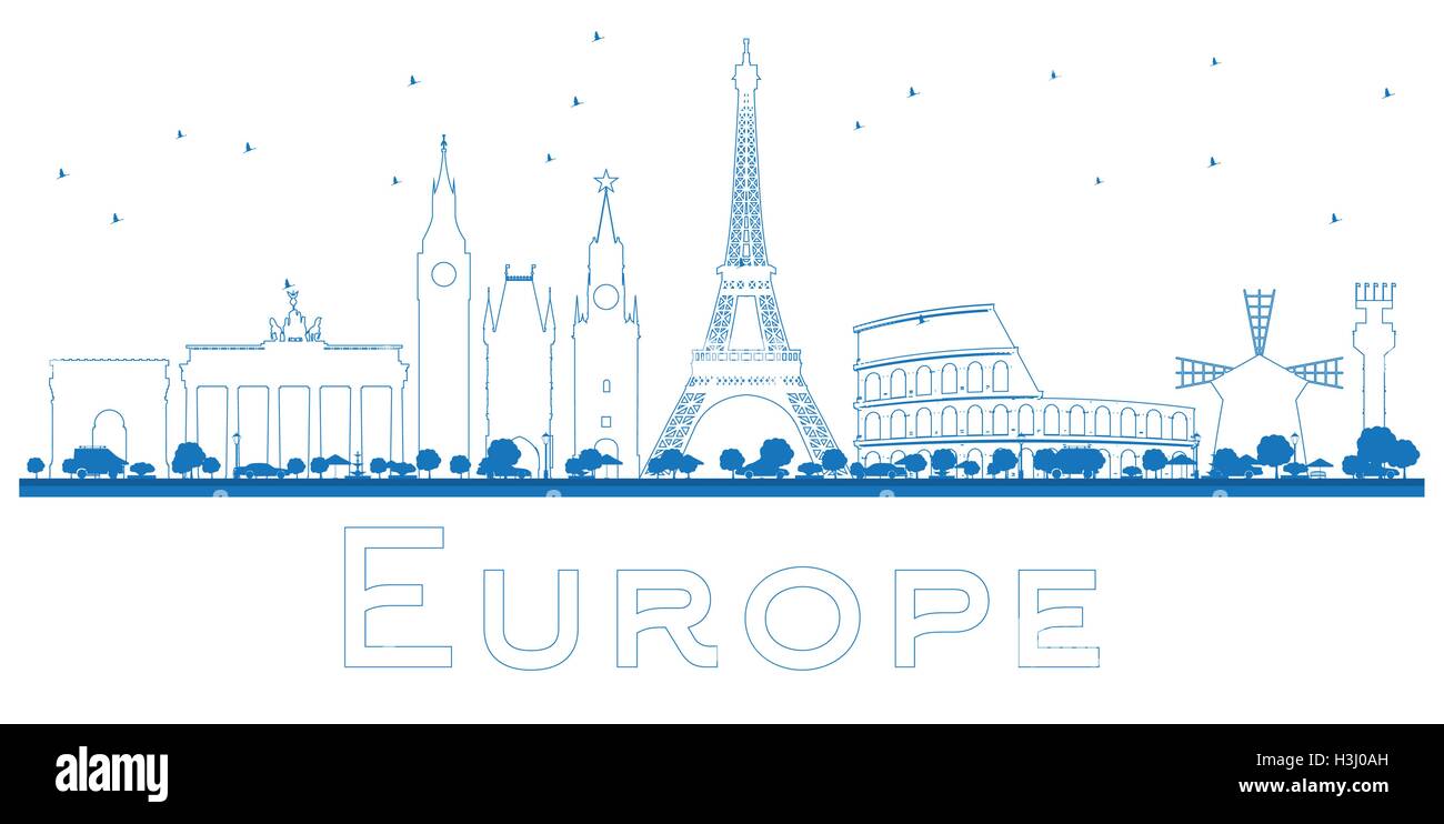 Outline Famous landmarks in Europe. Vector illustration. Business travel and tourism concept. Image for presentation, banner Stock Vector