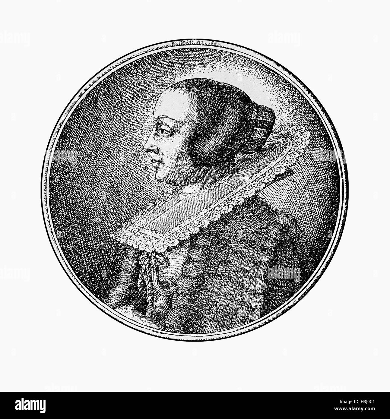 Austria year1664 engraving, noble dame portrait  with hair pinned up under an an indoor cap and a large lace collar Stock Photo