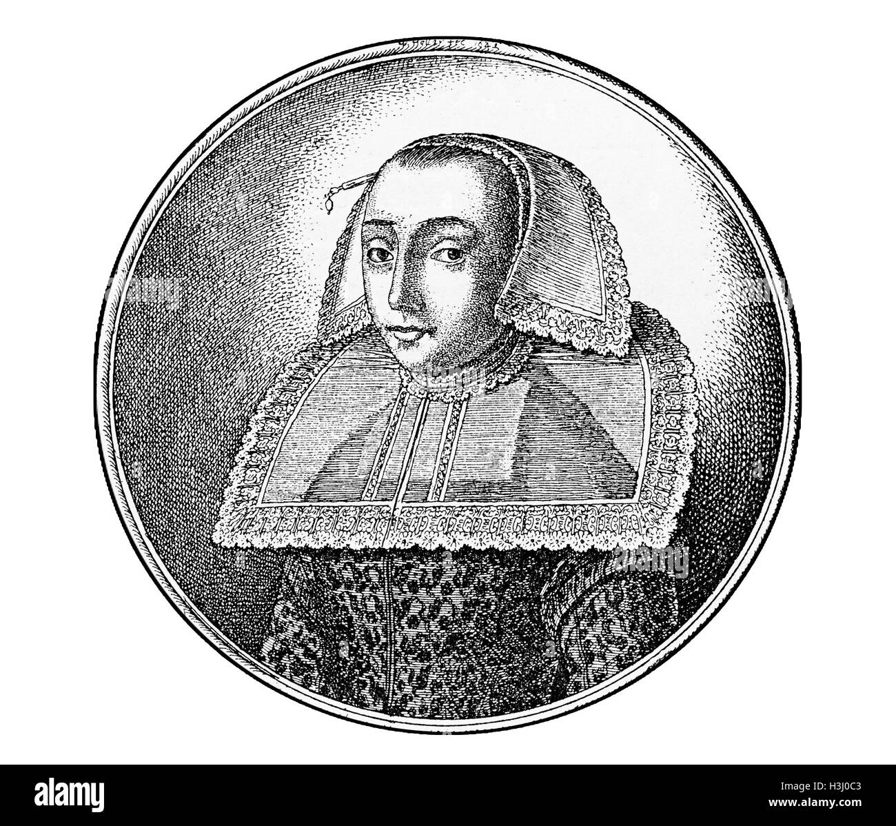 Year 1643  engraving, merchant woman of Hanau Germany portrait with hair covered   under an indoor cap and a large lace collar Stock Photo