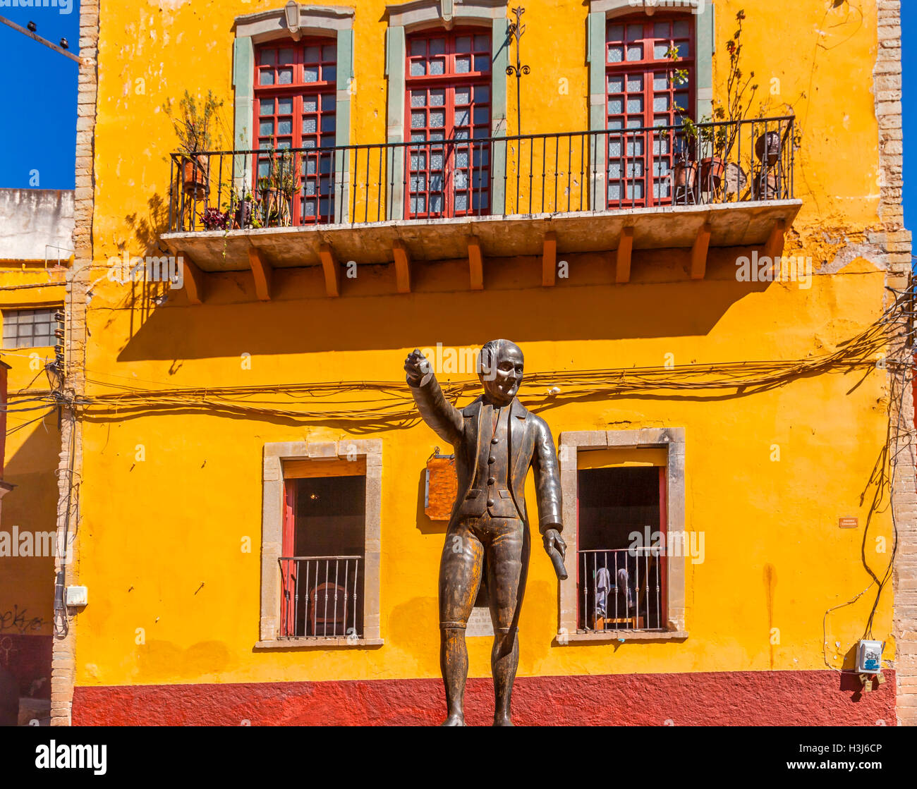 Miguel Hidalgo Statue Alhondiga de Granaditas Guanajuato Mexico.  Statue located at spot where Hidalgo led attack on Granary Stock Photo