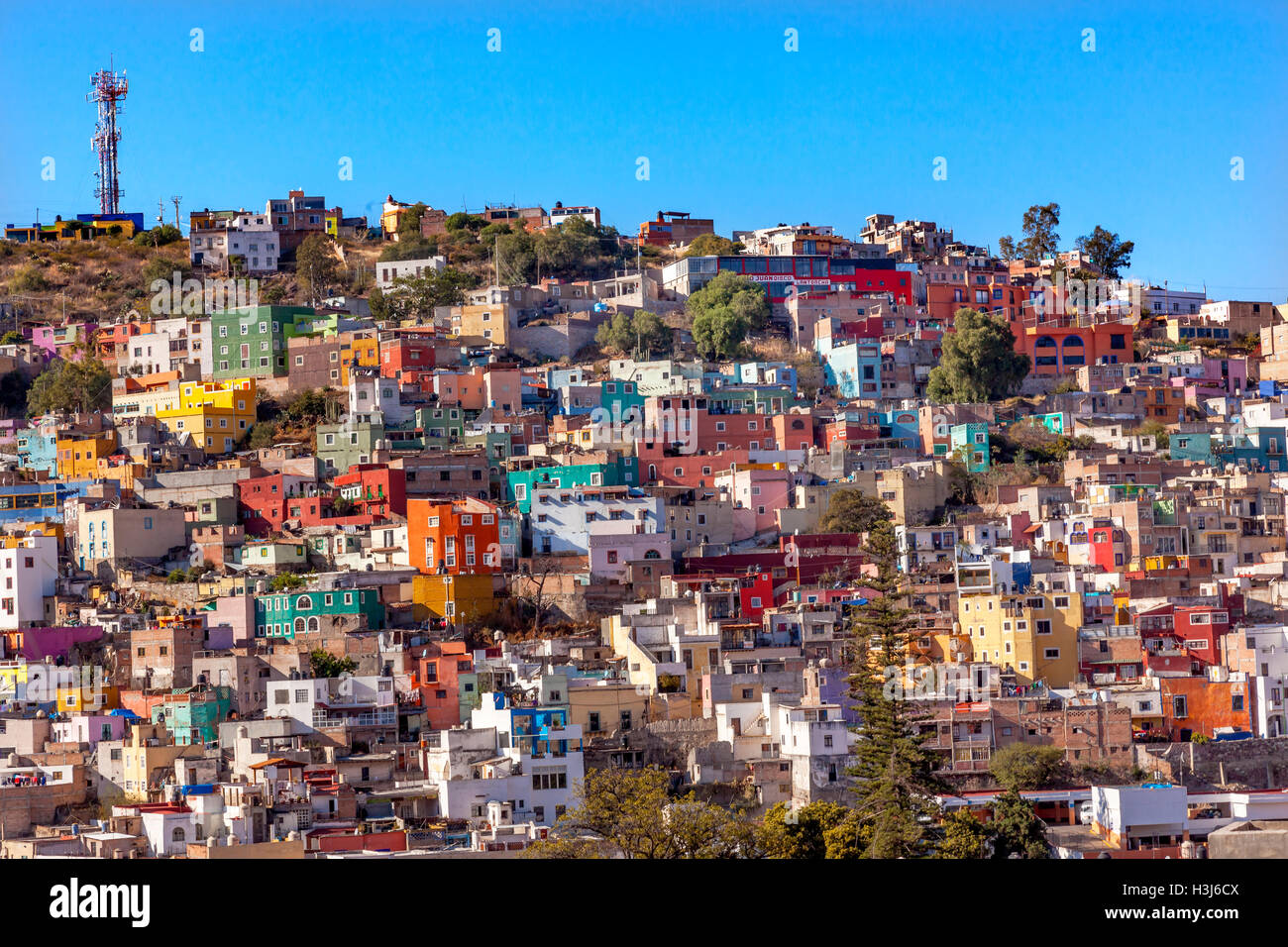 Many Colored Orange Blue Red Houses of Guanajuato Mexico Stock Photo