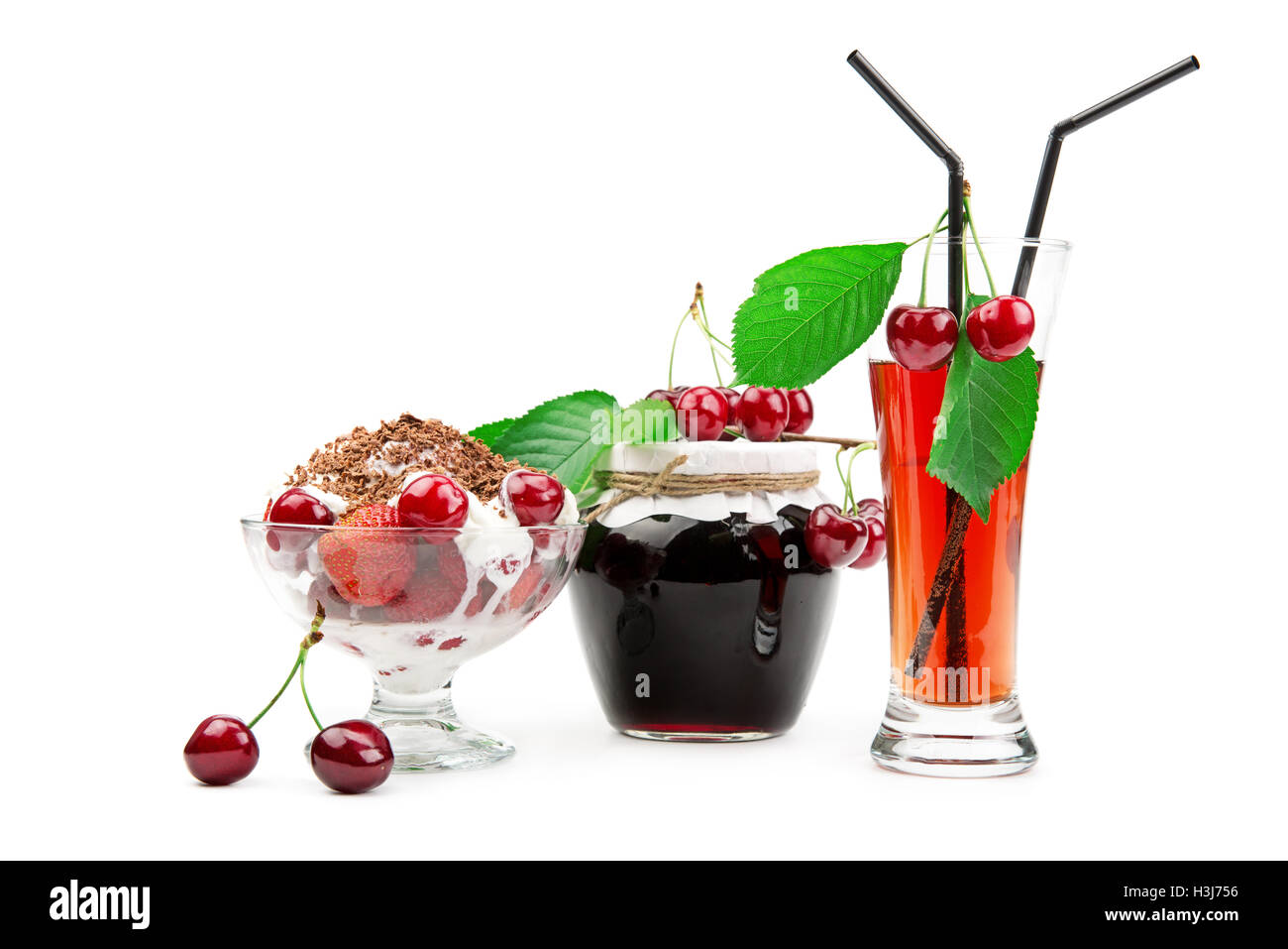 dessert, jam and juice from cherries isolated on a white background
