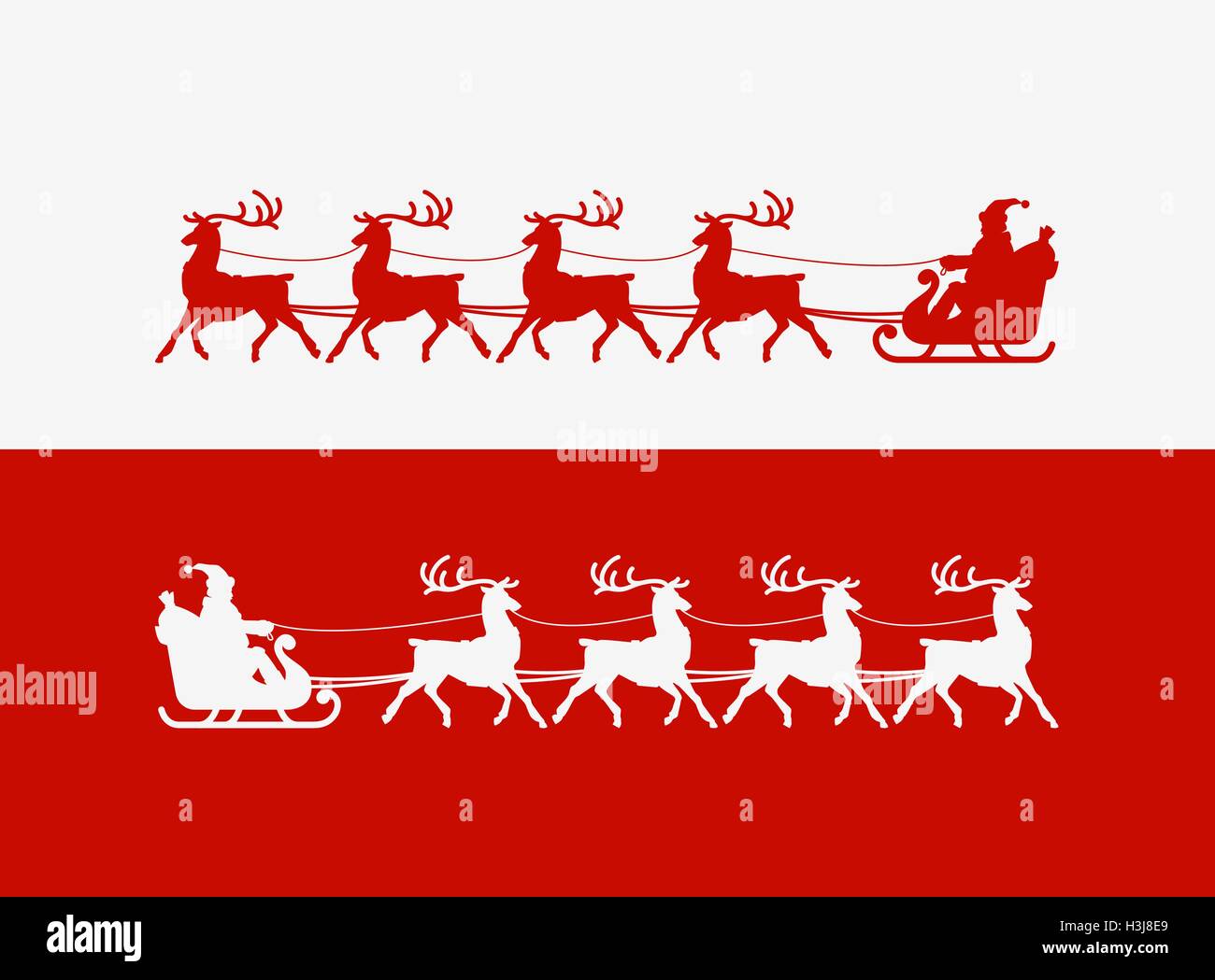 Merry Christmas greeting card. Santa Claus rides in a sleigh pulled by reindeer. Vector illustration Stock Vector