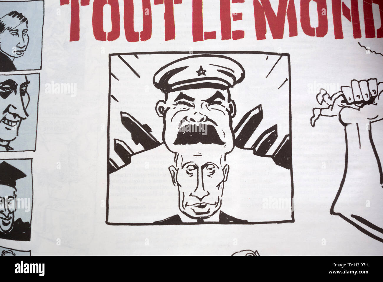 Satirical cartoon reflecting Vladimir Putin's regret at the collapse of the former Soviet Union, Charlie Hebdo magazine Stock Photo