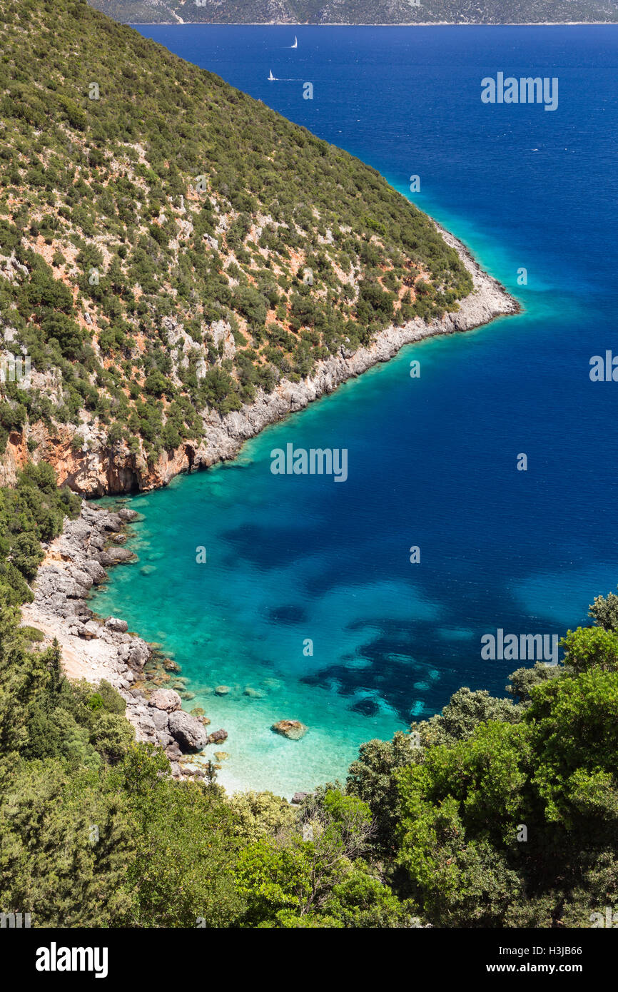 A beautiful cove near Antisamos beach, Kefalonia, has a lovely turquoise blue sea. Stock Photo