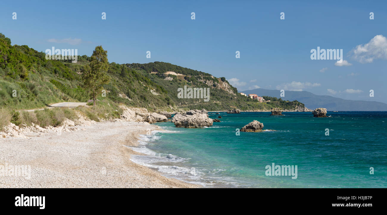 The beach near Poros, Kefalonia, has beautiful turquoise sea. Stock Photo