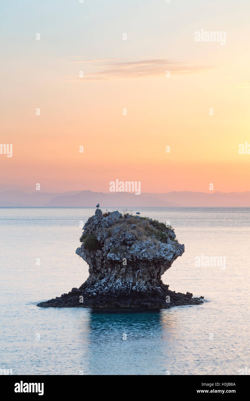 Gulls stand on unusual rocks in the sea at Poros, Kefalonia. Stock Photo