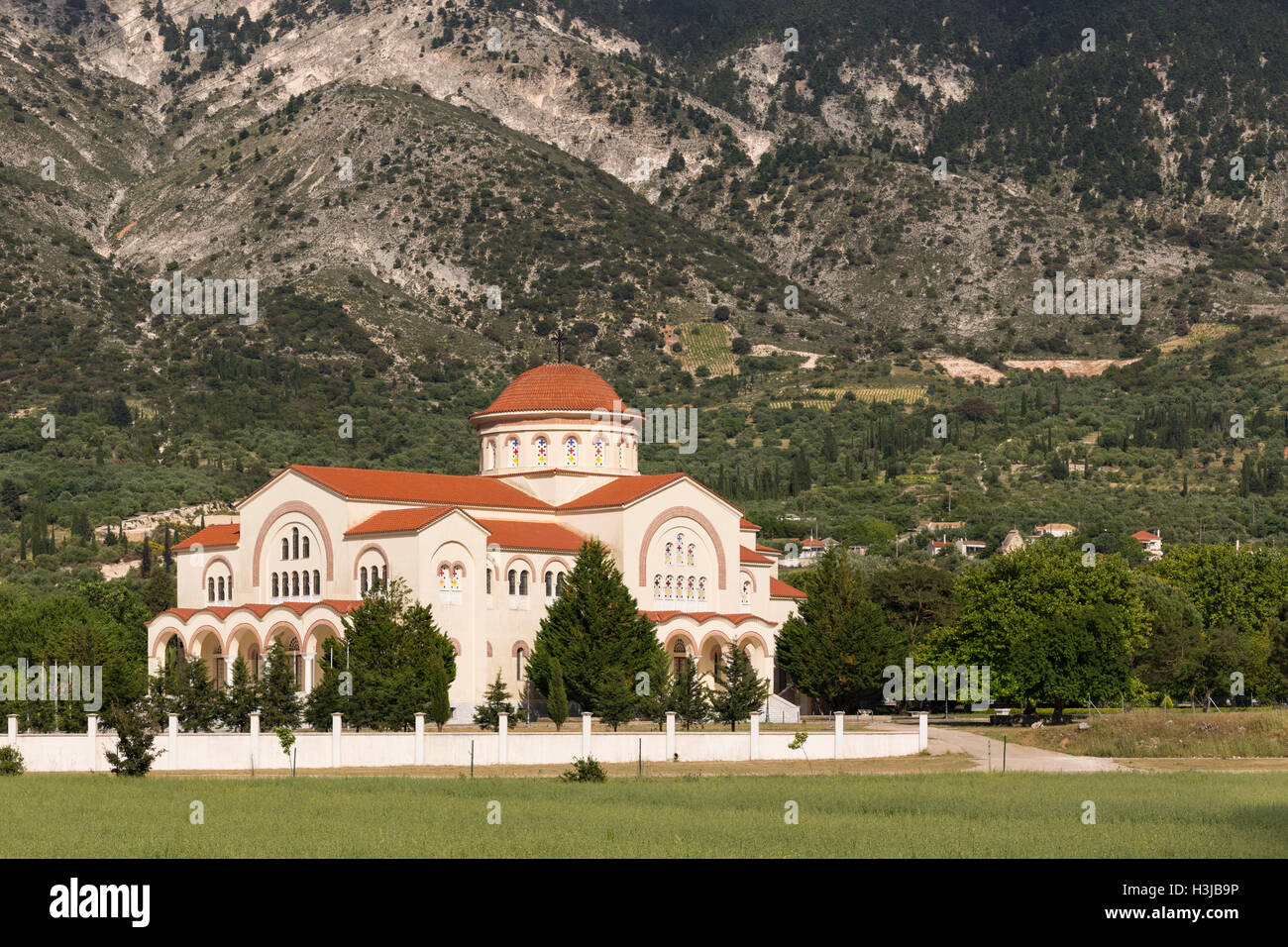 Monastery of Agios Gerasimos, Cephalonia, with Mount Aenos as a backdrop. Stock Photo