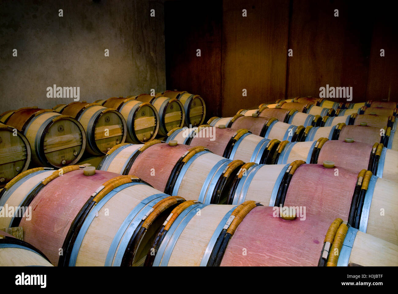 The barrel cellar at rare exclusive expensive Pomerol wine producer Chateau Le Pin Pomerol Gironde France Stock Photo