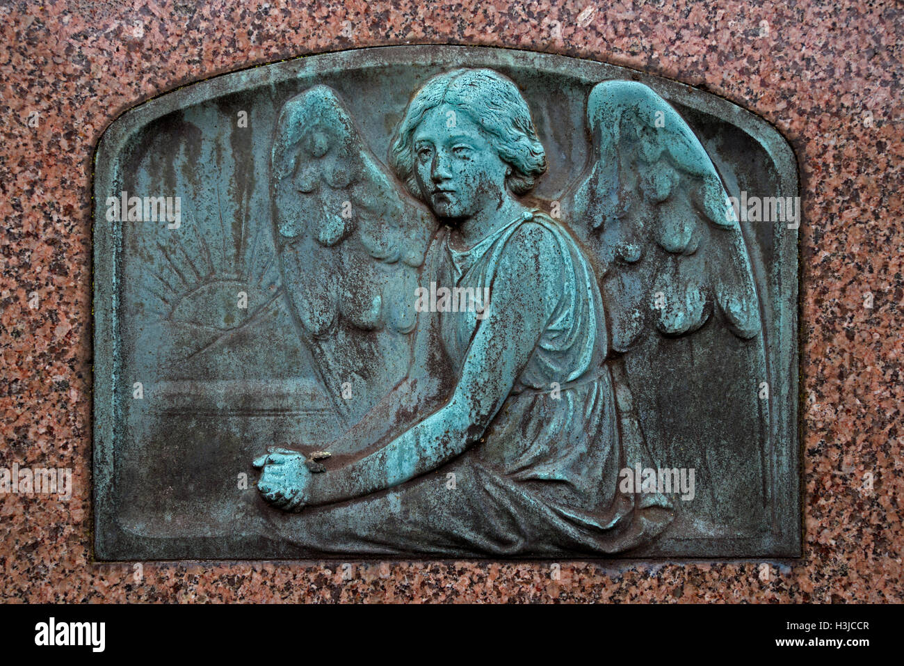 Bronze plaque on a headstone in Morningside Cemetery, Edinburgh, Scotland, UK. Stock Photo