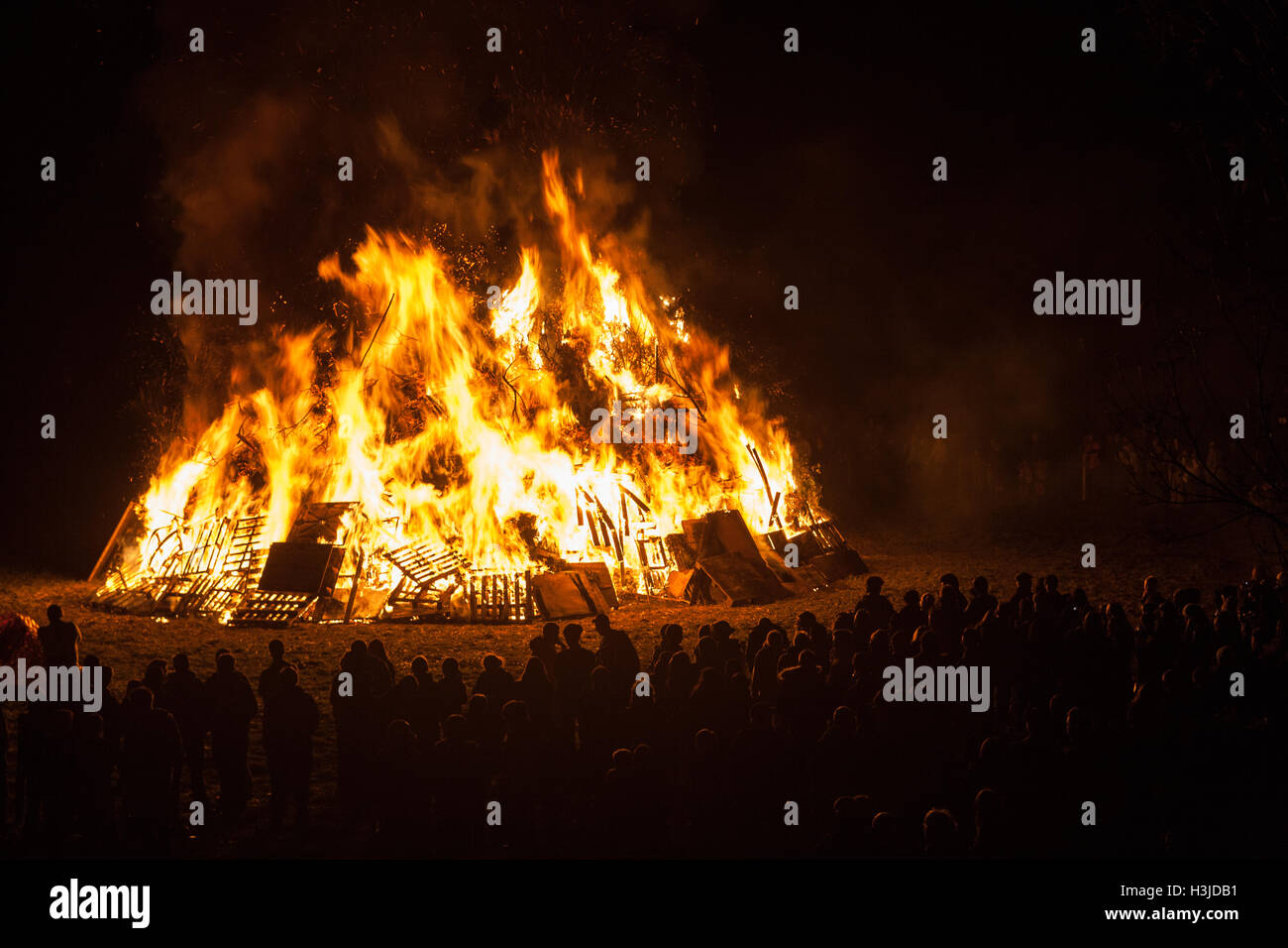 Bonfire Night, believed to be Europe's largest bonfire at Guy Fawkes Night, at Ottery St Mary Tar Barrel Rolling event,Devon,England, UK Stock Photo