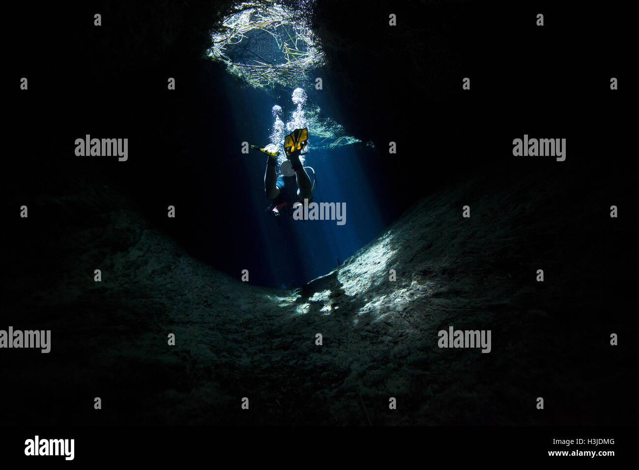 SCUBA diving the underwater cave in Media Luna freshwater lagoon near Rio Verde, San Luis Potosi, Mexico. Stock Photo