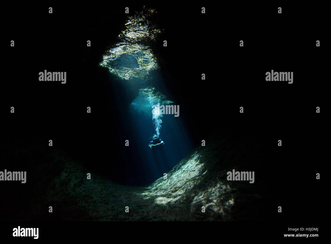 SCUBA diving the underwater cave in Media Luna freshwater lagoon near ...