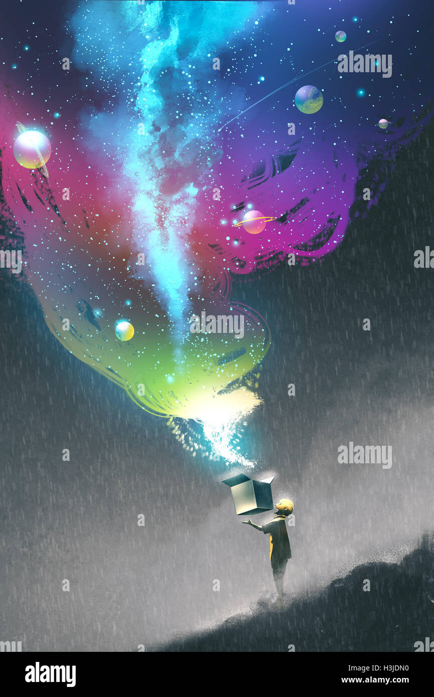the kid opening a fantasy box with colorful light and fantastic space,illustration painting Stock Photo