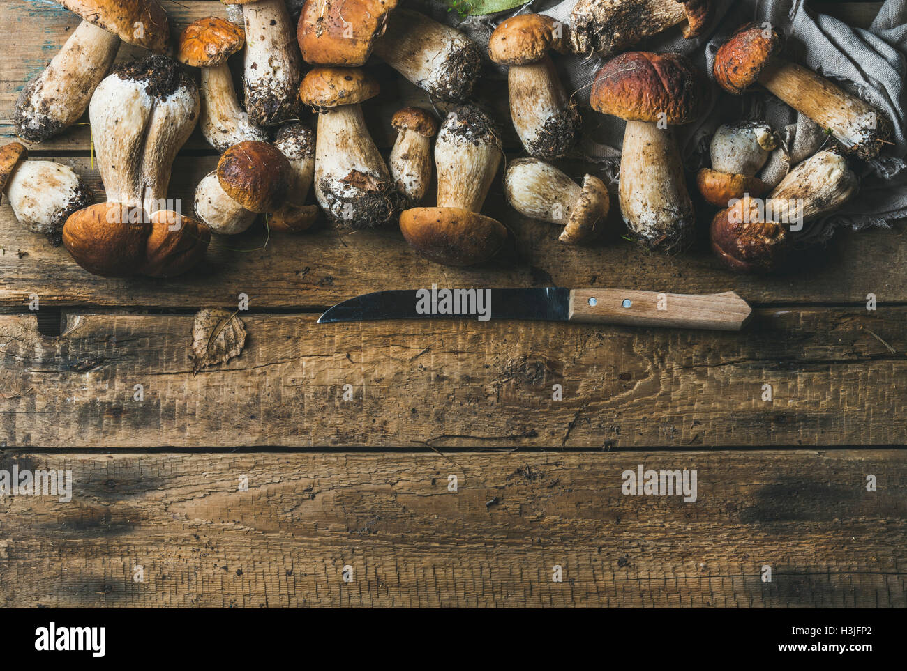 White forest mushrooms and knife on rustic wooden background, top view, copy space, horizontal composition Stock Photo