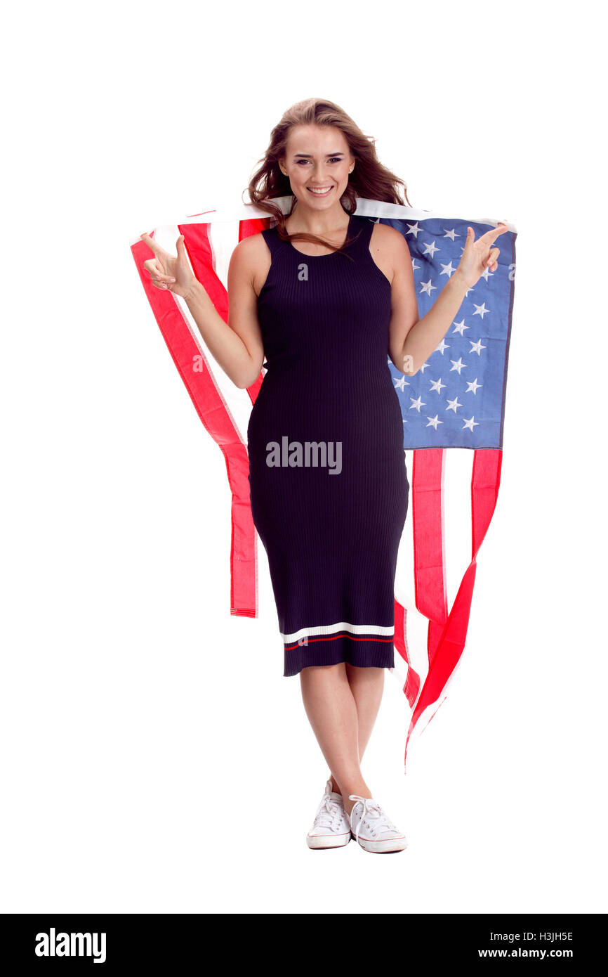 Happy young woman holding USA flag. Image isolated on a white ...