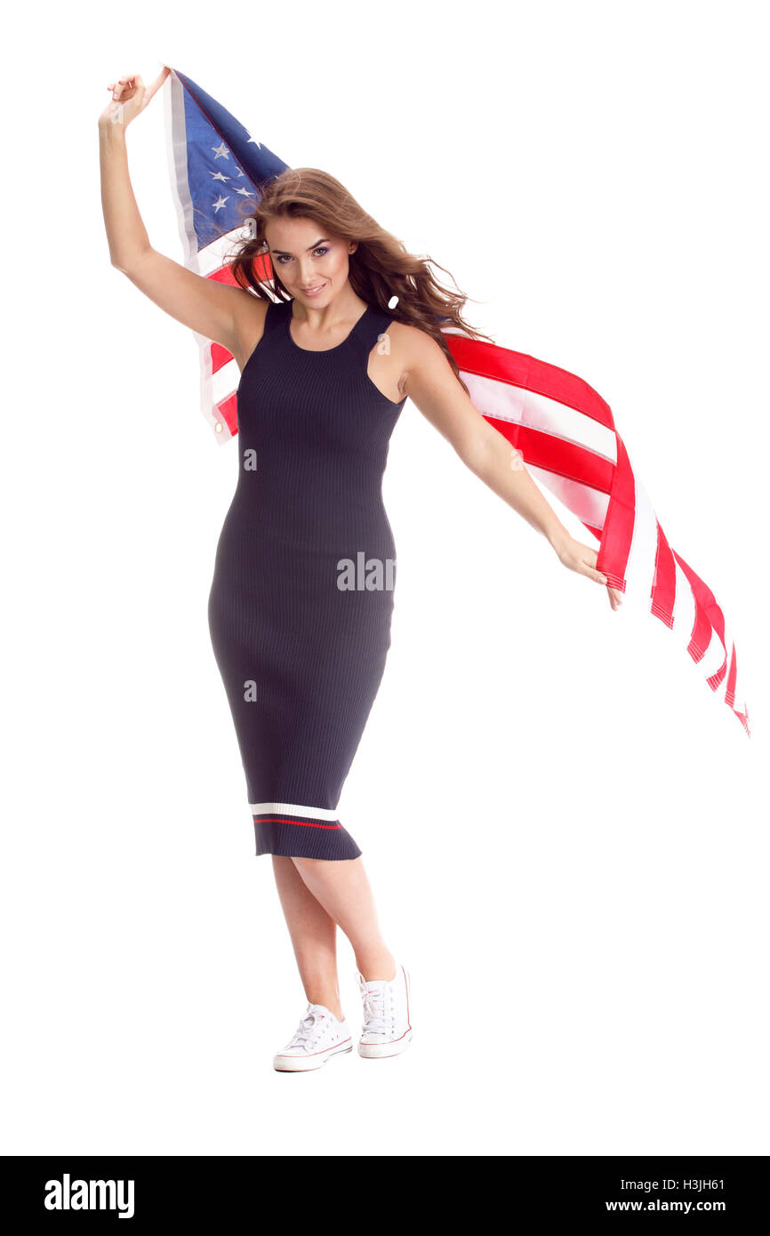 Happy young woman holding USA flag. Image isolated on a white ...