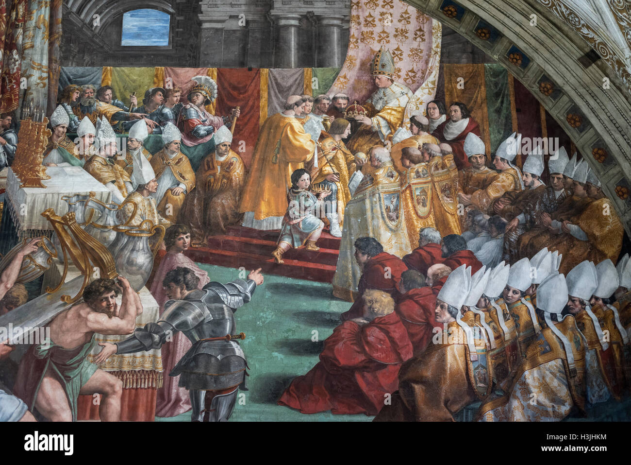 Rome. Italy. Fresco (1516-1517) The Coronation of Charlemagne, Hall of the Fire in the Borgo, Vatican Museums. Stock Photo