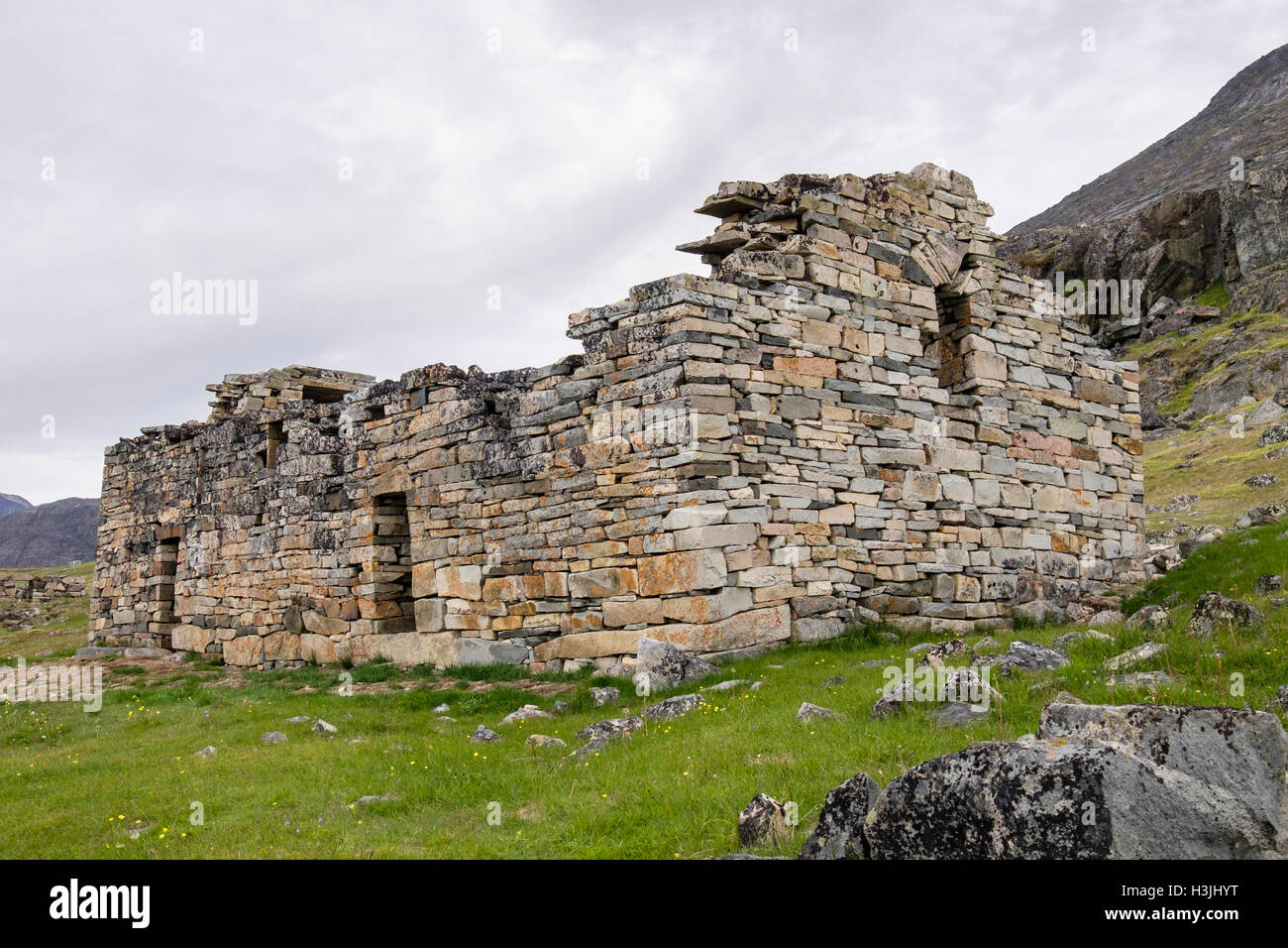 Hvalsey Church ruin built by Norse settlers in 12th century was first Christian church in country. Qaqortoq South Greenland Stock Photo