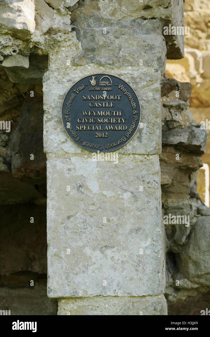 Civic Society Award plaque,Sandsfoot Castle,Weymouth,Dorset,UK Stock Photo