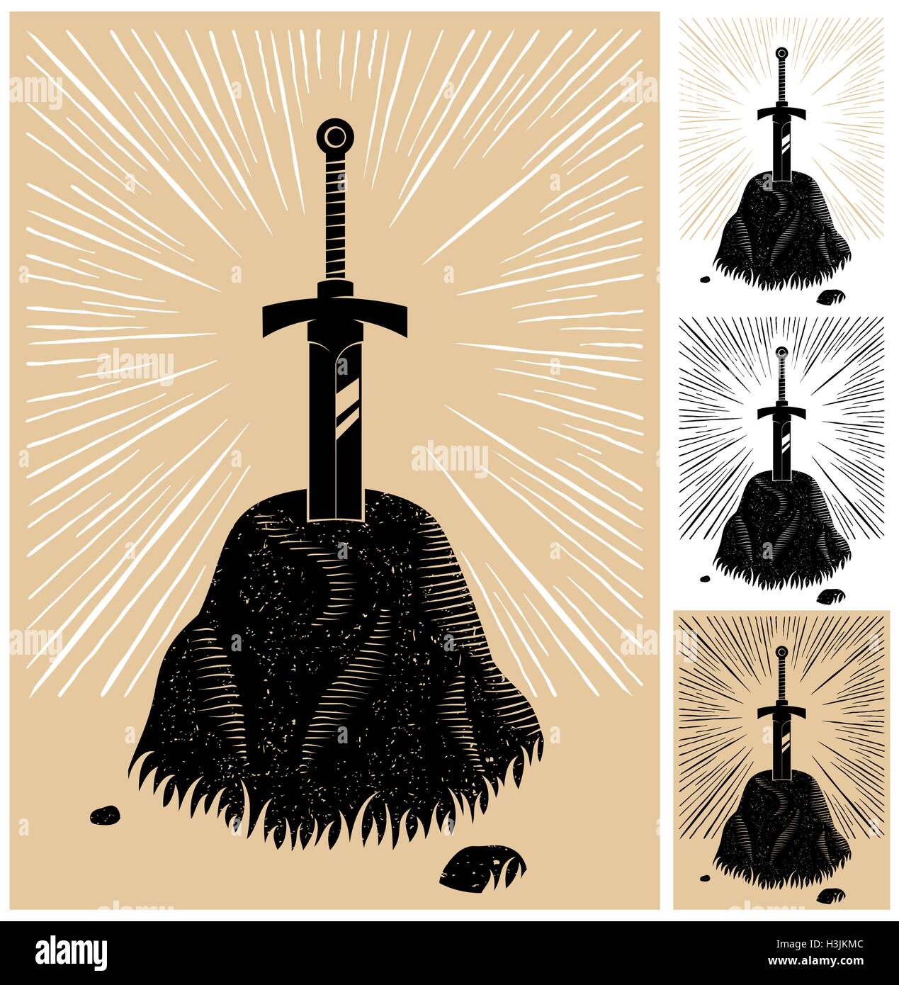 Illustration of King Arthurs Excalibur linocut style. 4 color versions. Stock Vector