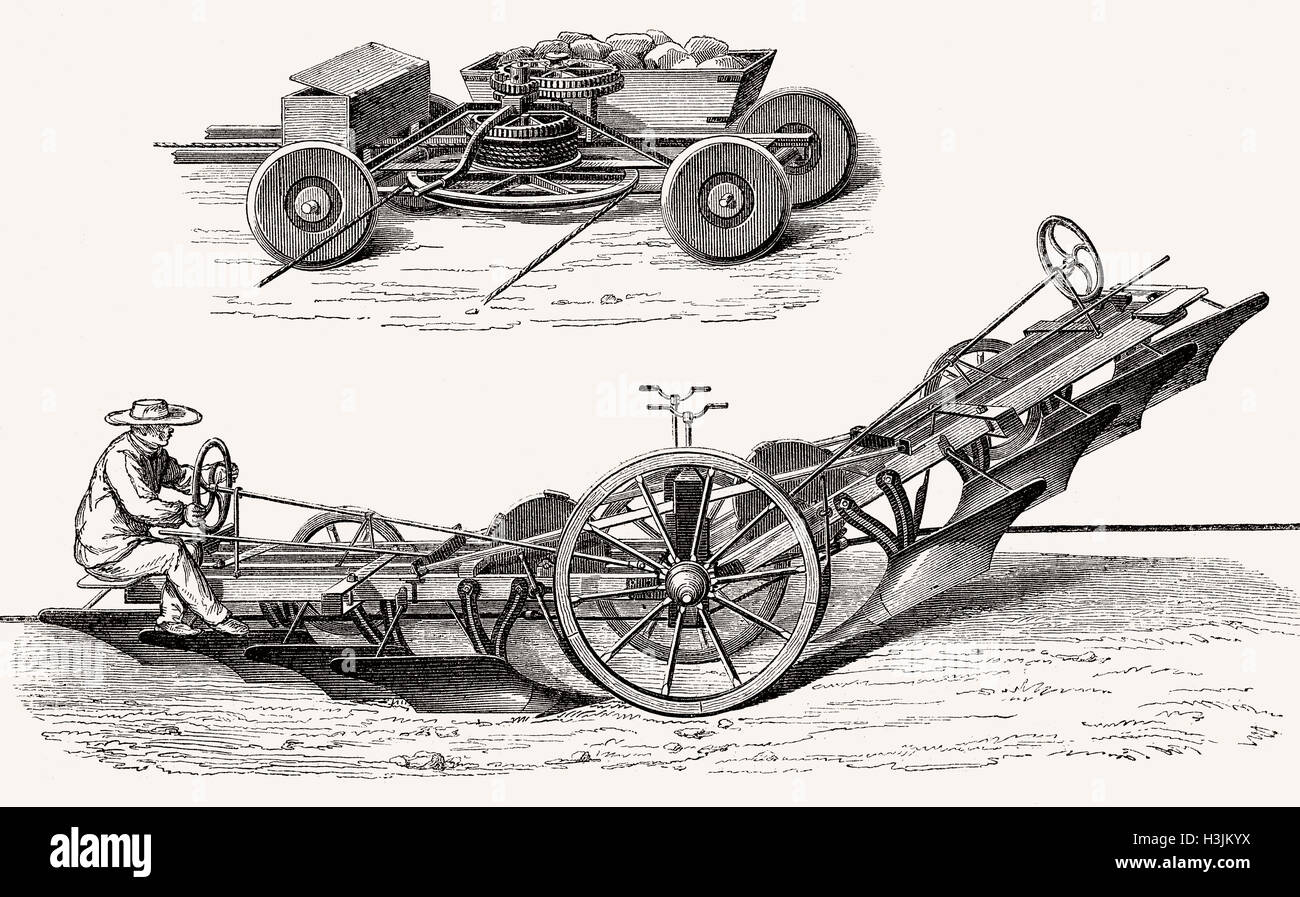 Machine steam plough systems at work, agricultural tractor powered by a steam engine, 19th Century Stock Photo