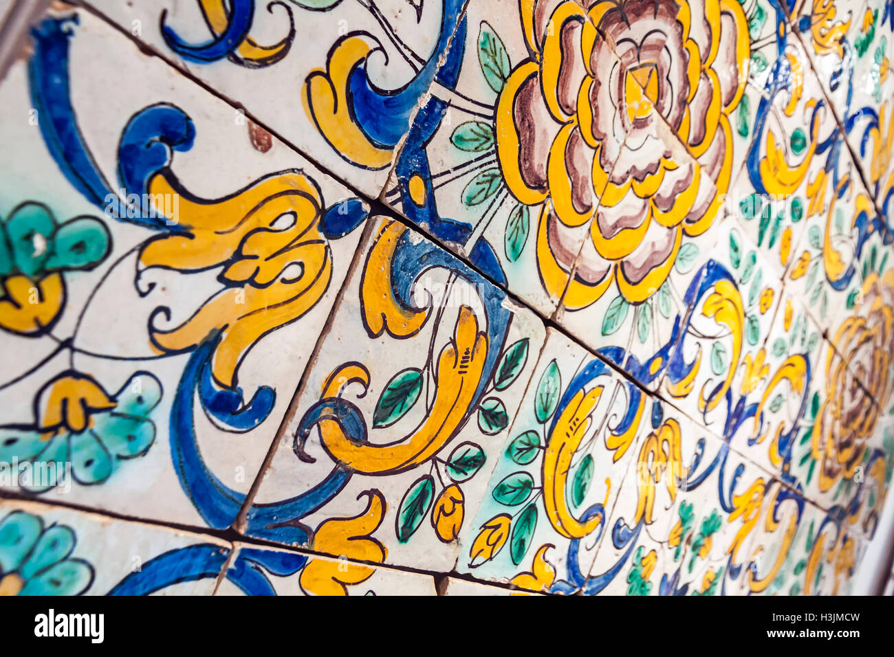 Details of typical Portuguese old ceramic wall tiles (Azulejos) on the building exterior in Lisbon city, Portugal Stock Photo