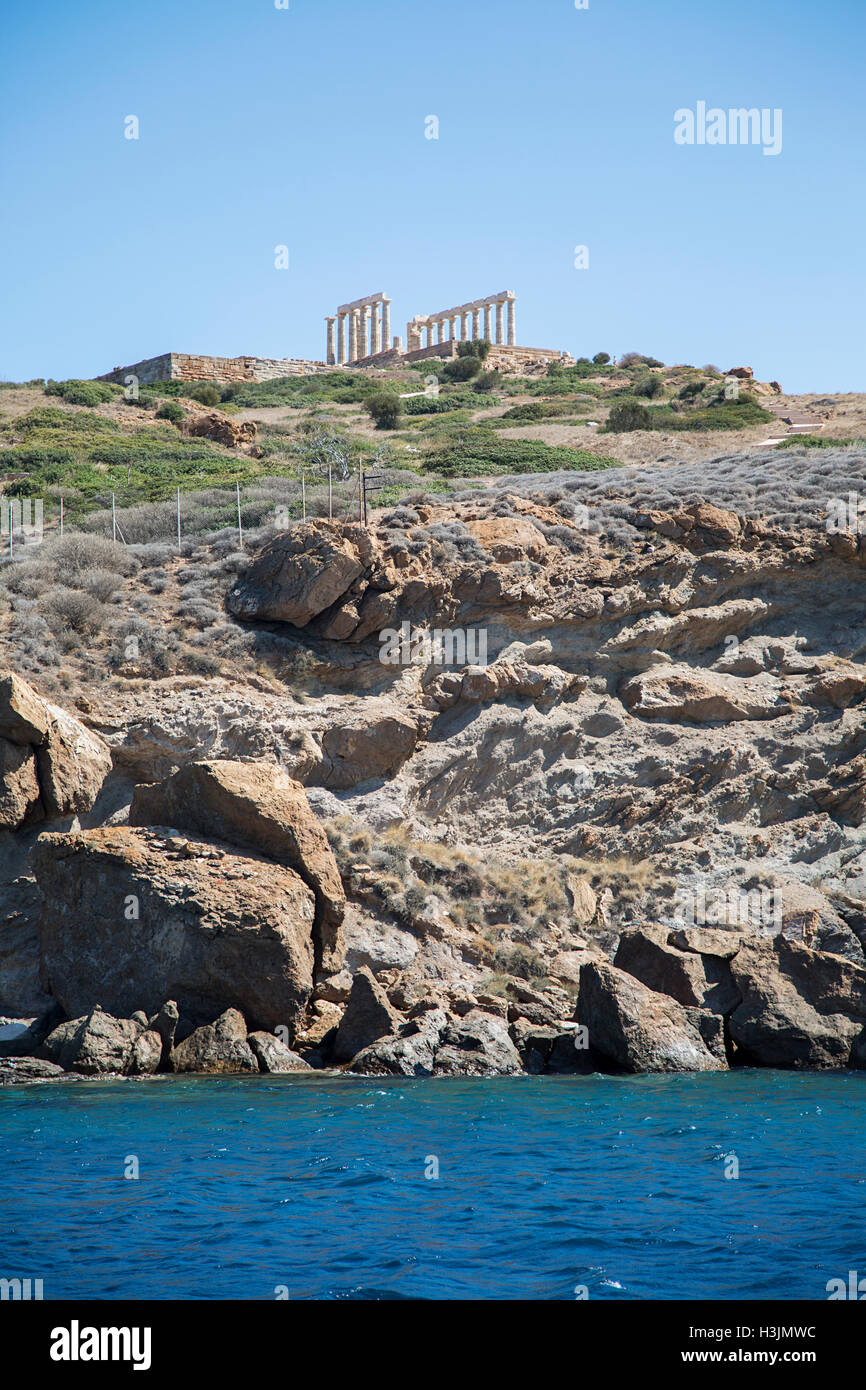 Seaview at Temple of Poseidon at Cape Sounion, Greece Stock Photo