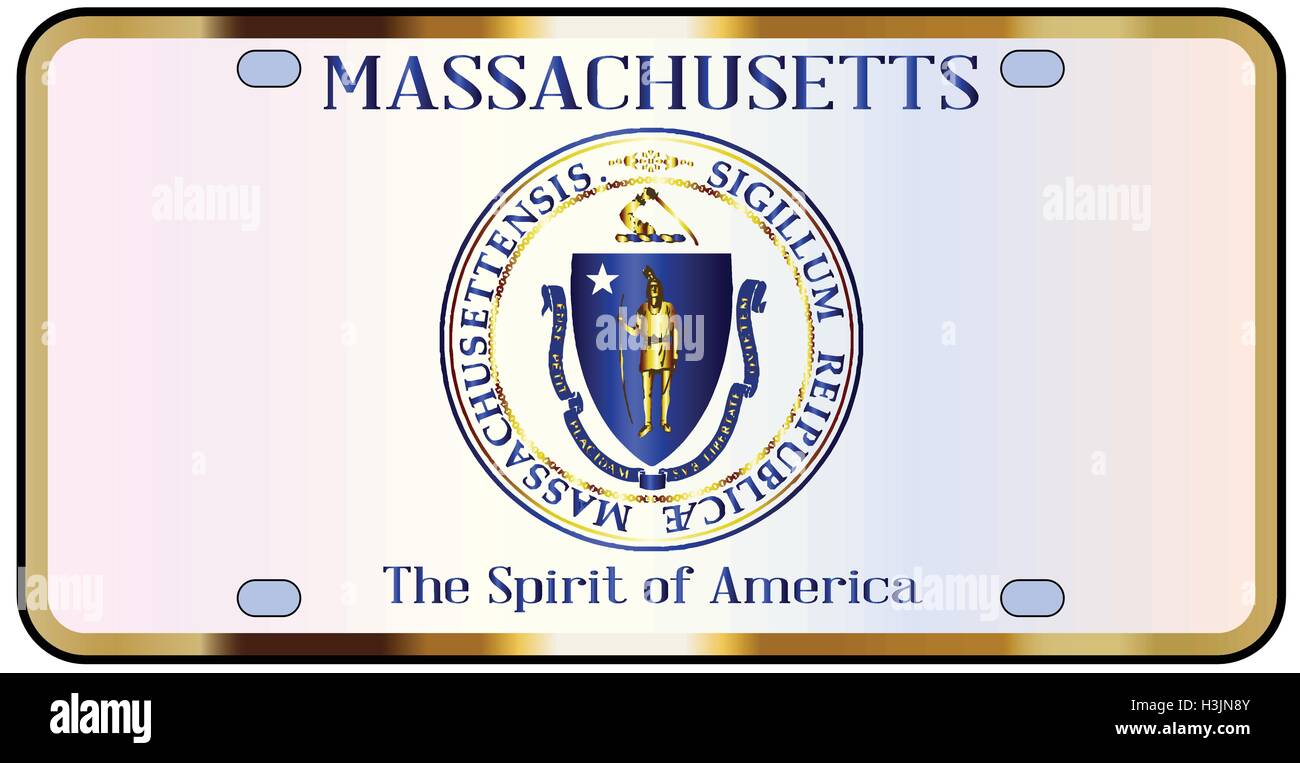 Massachusetts state license plate in the colors of the state flag with