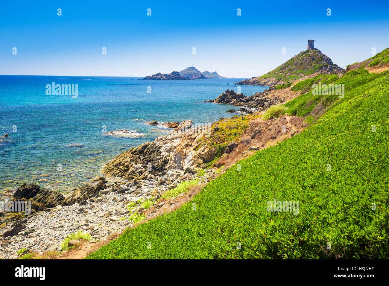 View to Genoese Tower of Parata peninsula, Ajaccio,  the west coast of the French island of Corsica, Europe. Stock Photo