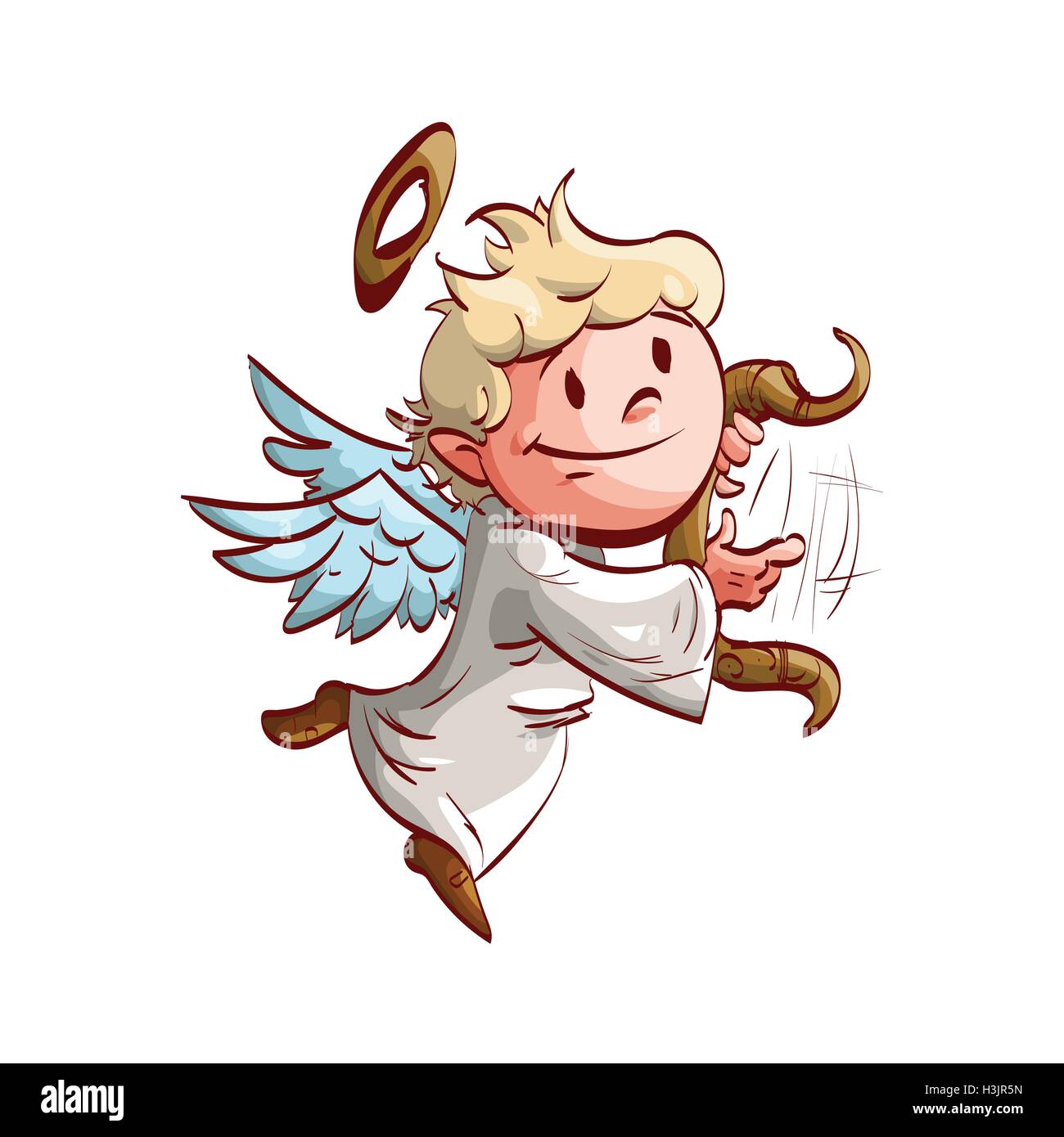 Colorful vector illustration of a cartoon cute angel, playing a lyre and flying. Stock Vector