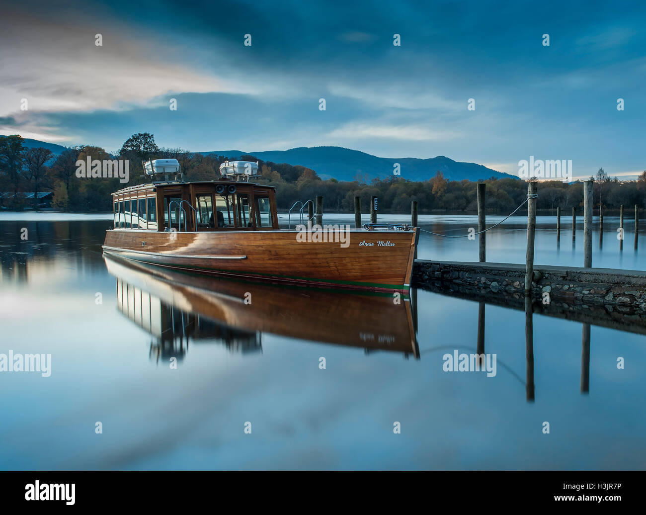 Keswick Launch moored at Twilight, Derwent Water, Lake District National Park, England, UK Stock Photo