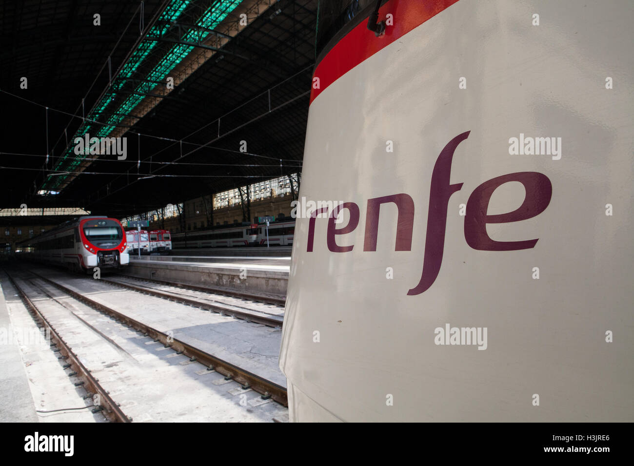 Renfe train at the North Railway Station in Valencia Stock Photo