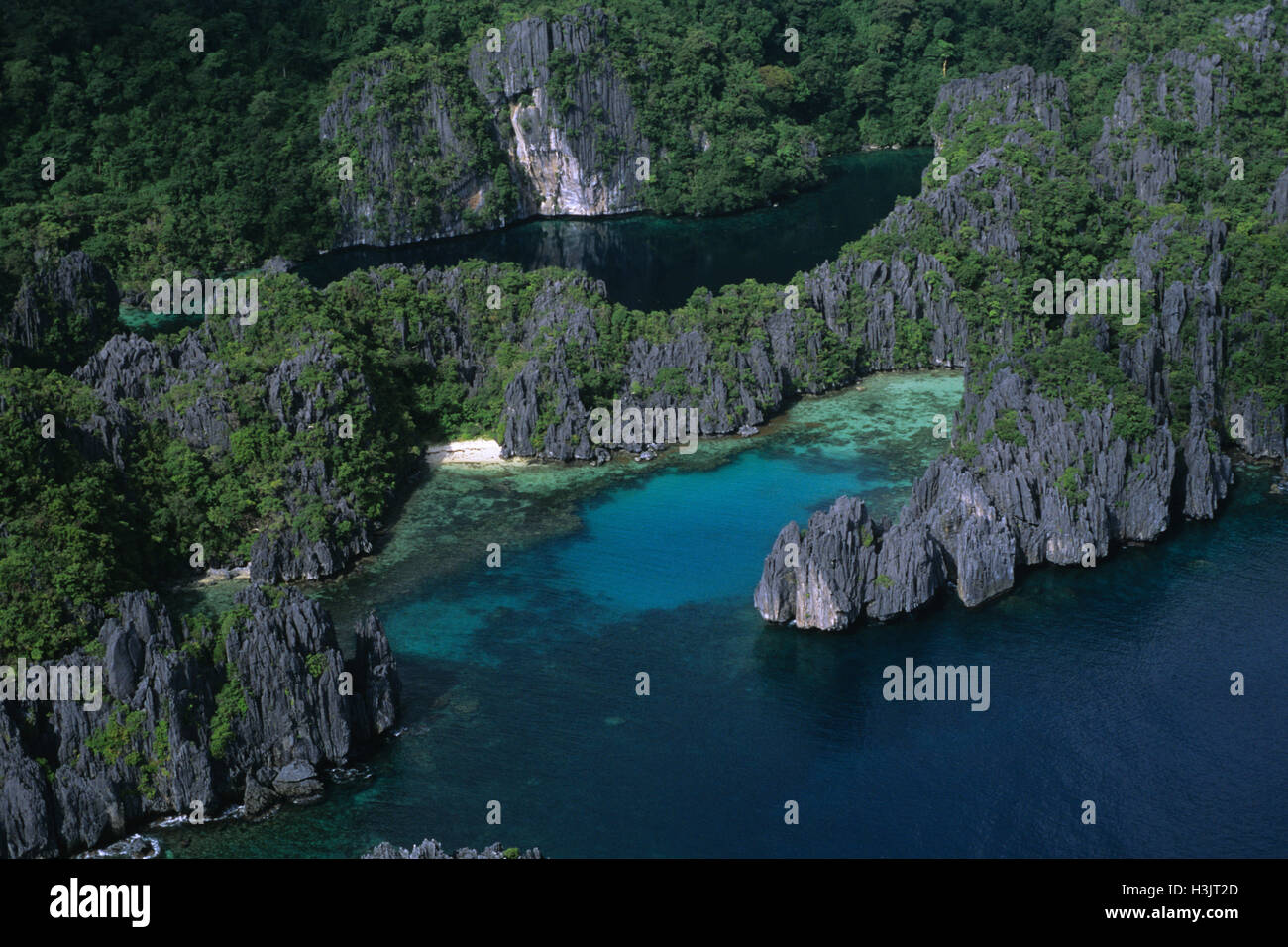 Aerial photograph of lagoons at Miniloc Island Resort. Stock Photo