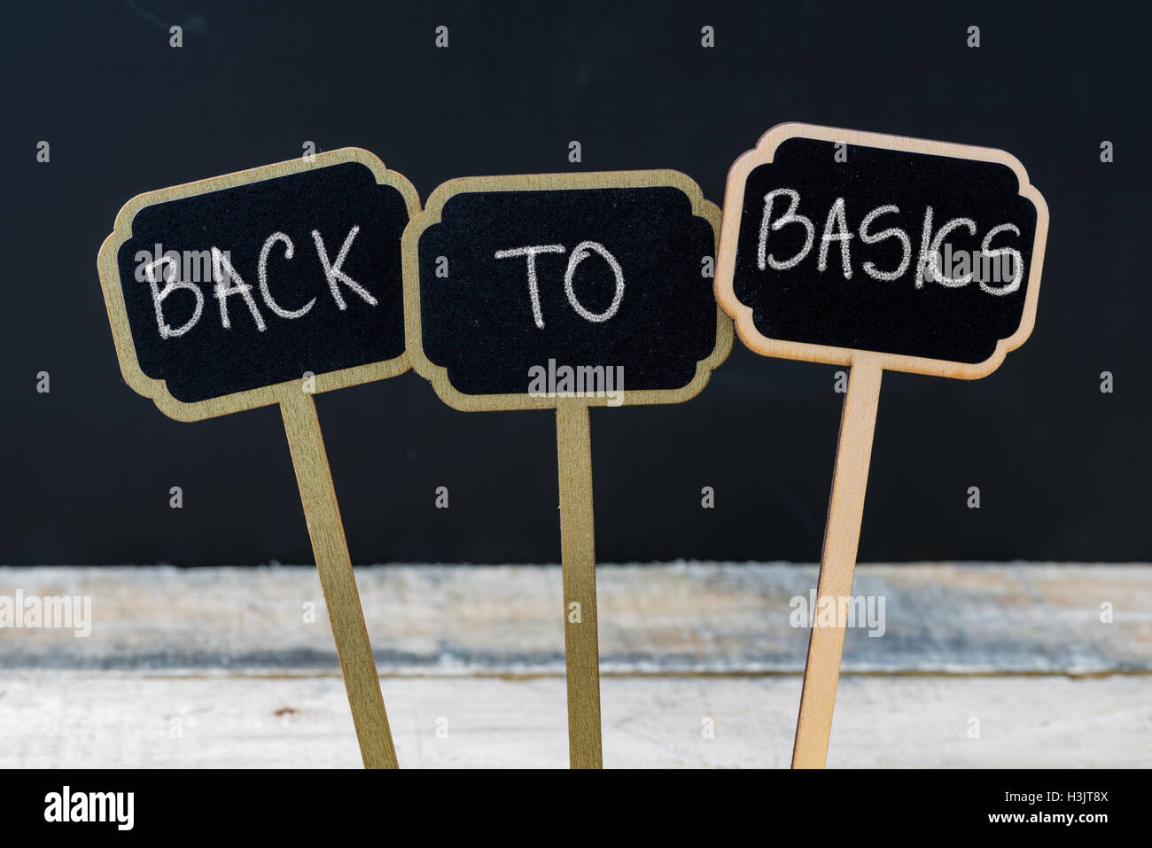 Business message BACK TO BASICS written with chalk on wooden mini blackboard labels Stock Photo