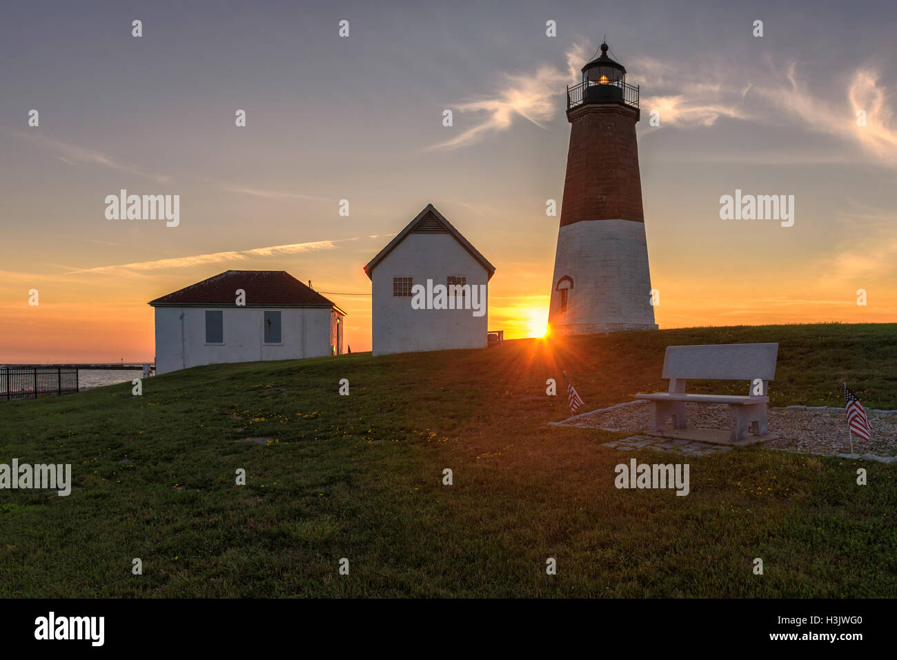 Famous Rhode Island Lighthouse at sunset Stock Photo