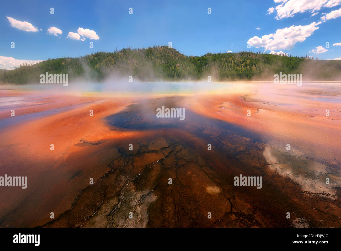 Beautiful cerulean geyser Grand Prismatic Spring in Yellowstone National Park Stock Photo