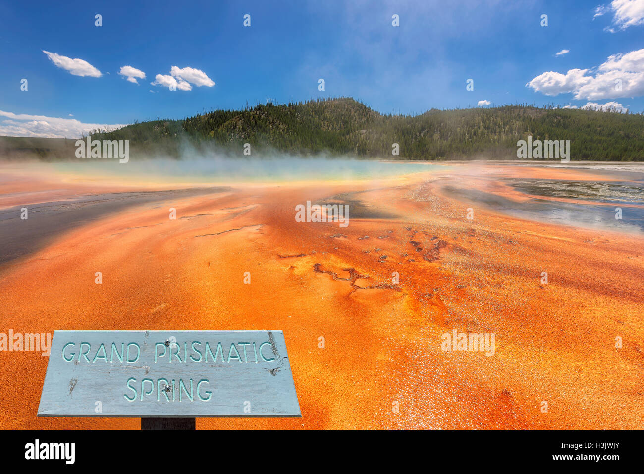 View of the Grand Prismatic Spring in Yellowstone National Park Stock Photo