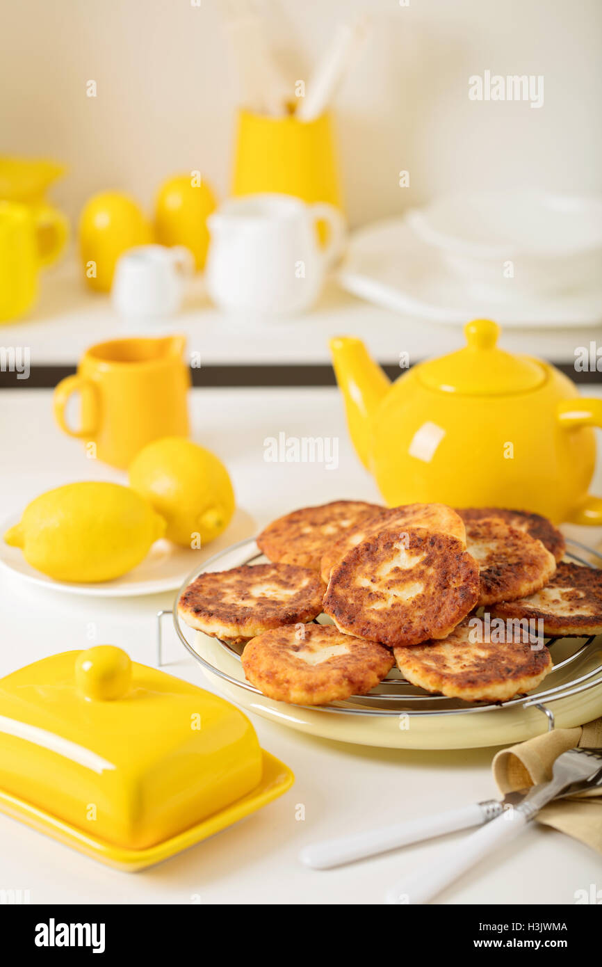 Breakfast Cottage Cheese Pancakes With Tea And Lemon Selective