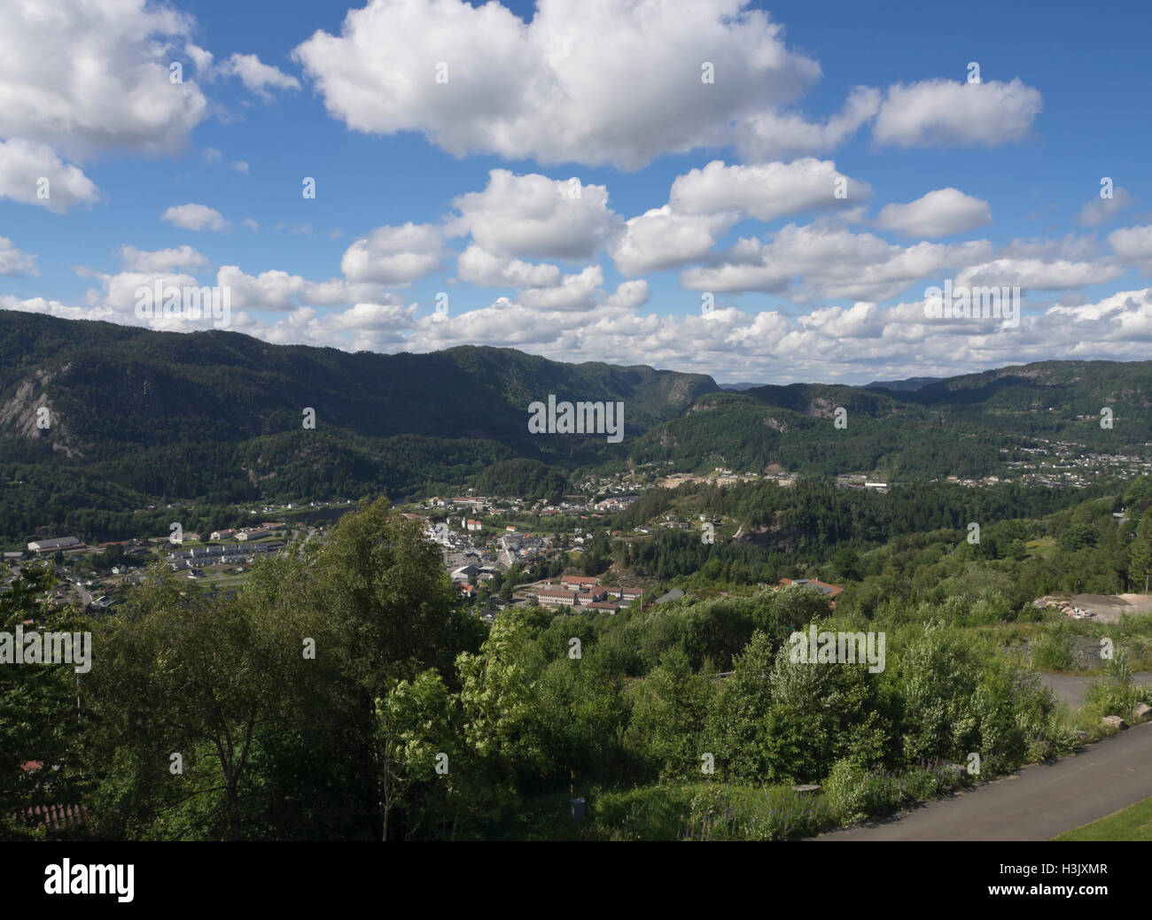 Panorama view of the village Liknes in Kvinesdal Vest-Agder county Norway  from the Utsikten (Viewpoint) hotel Stock Photo - Alamy