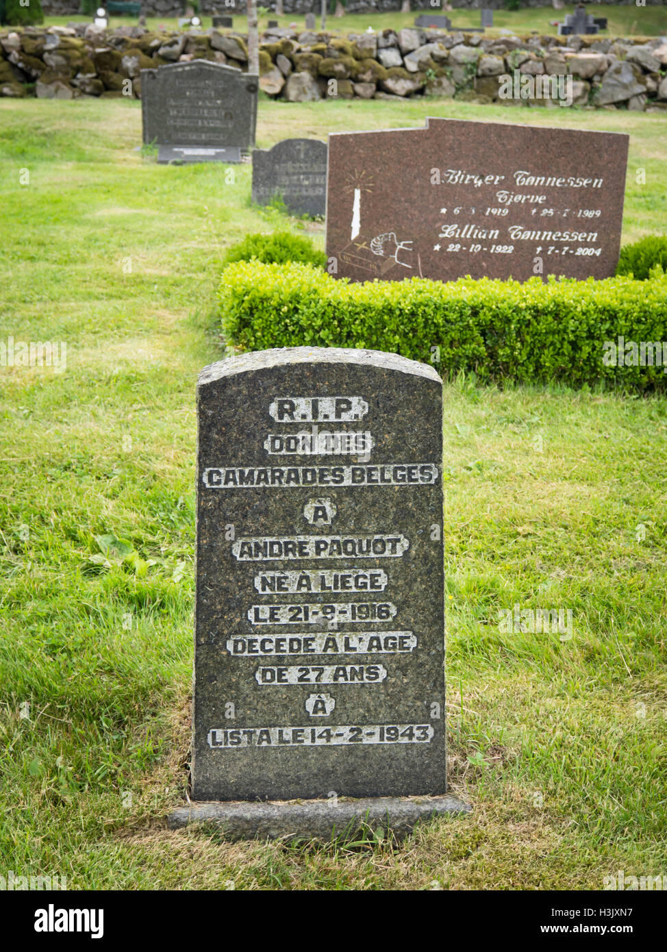 Gravestone in Lista cemetery, Vanse Vest-Agder Norway commemorating Belgian soldiers fallen in WWII Stock Photo